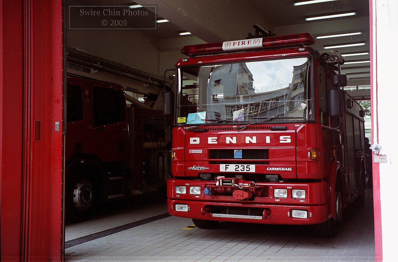 A Hong Kong Fire Services Department Dennis Sabre with Carmichael 'Major Pumper' bodywork — Carmichael export work after the firm came under the same ownership as Dennis.