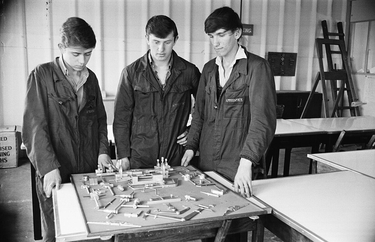 First-year apprentices of the Gloster-Saro company at Beaumaris, Anglesey, 20 October 1966 — the former Saunders-Roe works that merged into the firm.