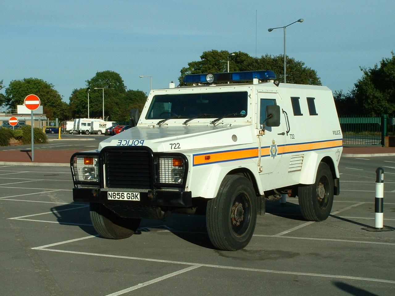 Not a Land Rover: a Tactica protected vehicle of the Ministry of Defence Police. The Tactica was Glover Webb's own semi-monocoque design, launched in 1988 and later sold as the Alvis Tactica.