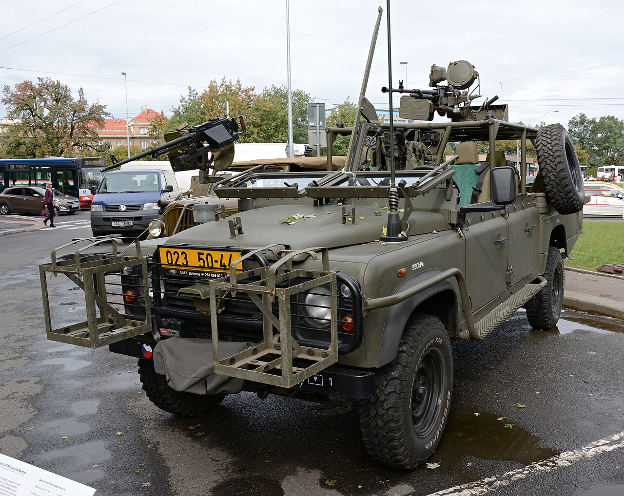 Land Rover 130 Military A4 Kajman of the Czech Army displayed in Prague for the general staff's 95th anniversary, October 2014, showing the Station Wagon and pick-up hybrid body under its roll cage.
