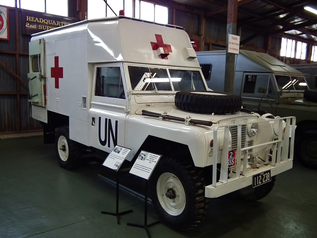 ARN 112-238, a 1963 Series 2A Bloodbox in the white United Nations scheme it wore on peacekeeping service, at the Army Museum Bandiana