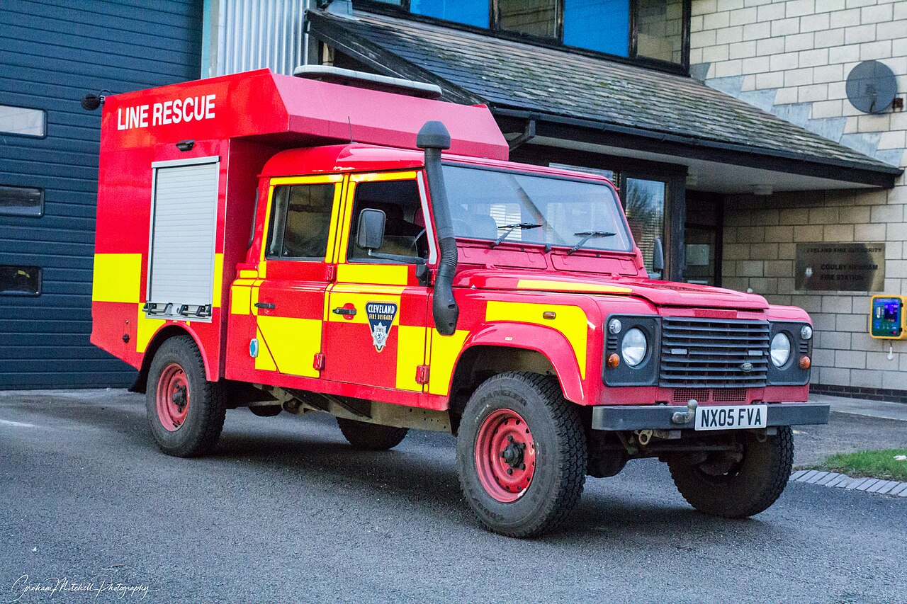 NX05 FVA, Cleveland Fire Brigade's Defender 130 Line Rescue unit, outside Coulby Newham fire station
