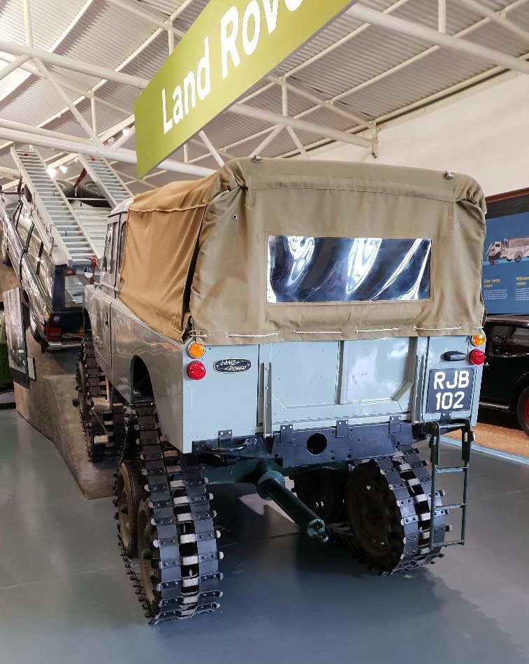 Front view of the 1958 Cuthbertson conversion at the British Motor Museum, Gaydon, showing the steerable front track bogies