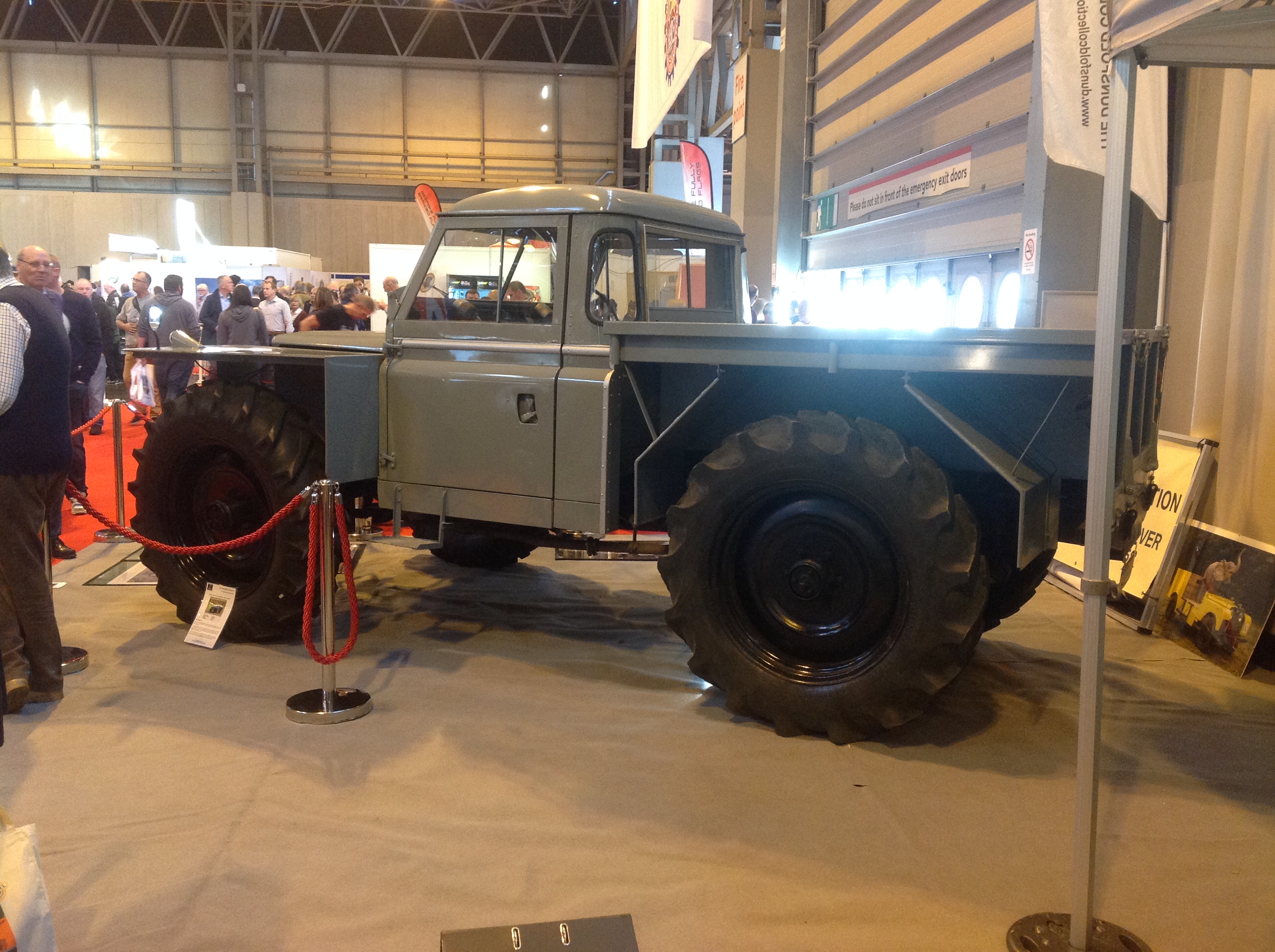 Rear view of the Dunsfold Collection's 1964 Forest Rover, showing the tractor wheels and mudguards