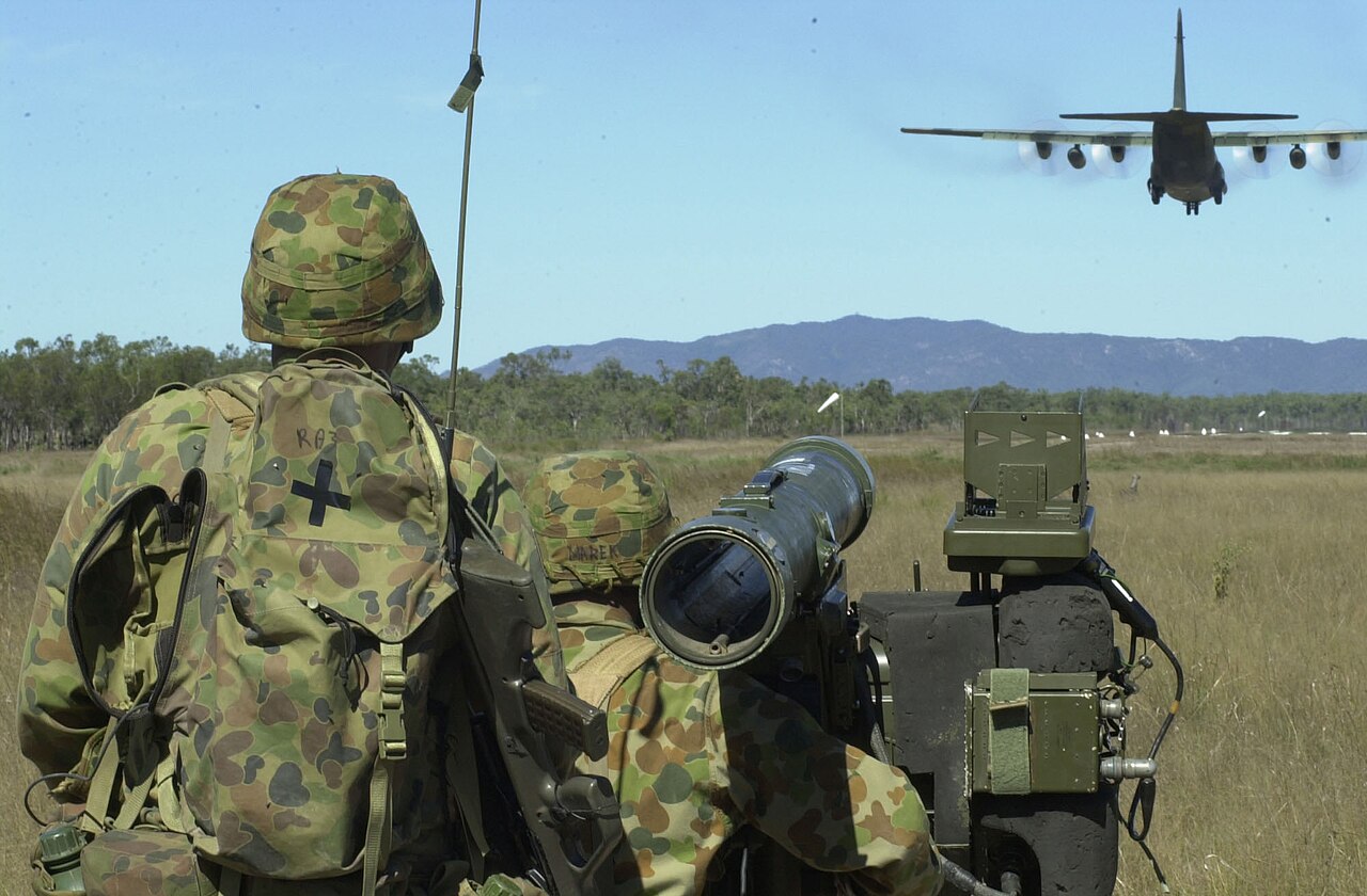 Royal Australian Artillery gunners engage a C-130 with an RBS-70 launcher and target data receiver at Williamson Airfield, Shoalwater Bay, May 2001. No freely licensed photograph of the Air Defence Perentie itself could be found; this shows the missile system whose rounds and equipment the vehicle carried.