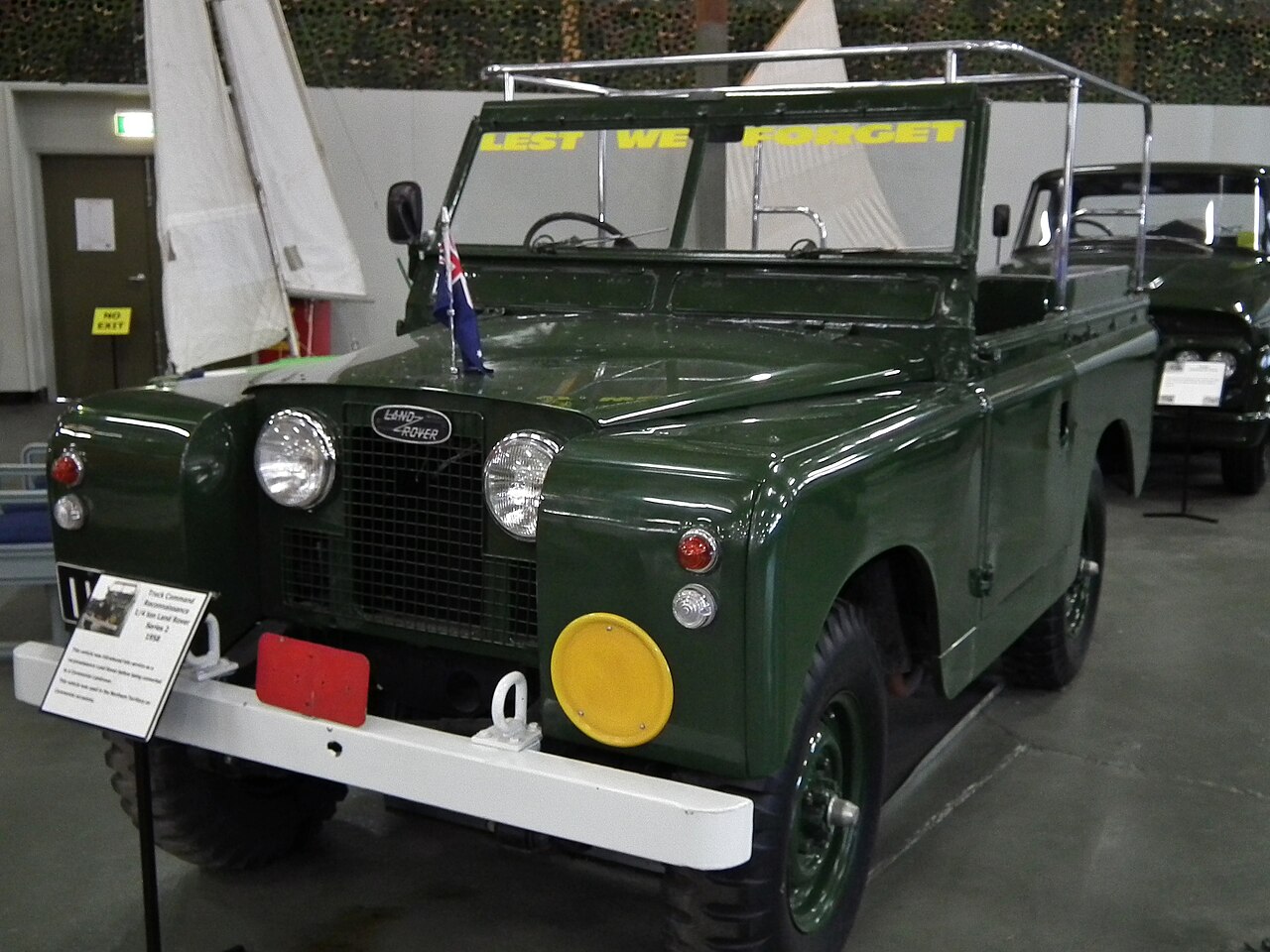 1958 ceremonial review Land Rover preserved at the Army Museum Bandiana — one of the two ex-Army cars believed to come from the Sydney-built royal review batch, repainted green in service
