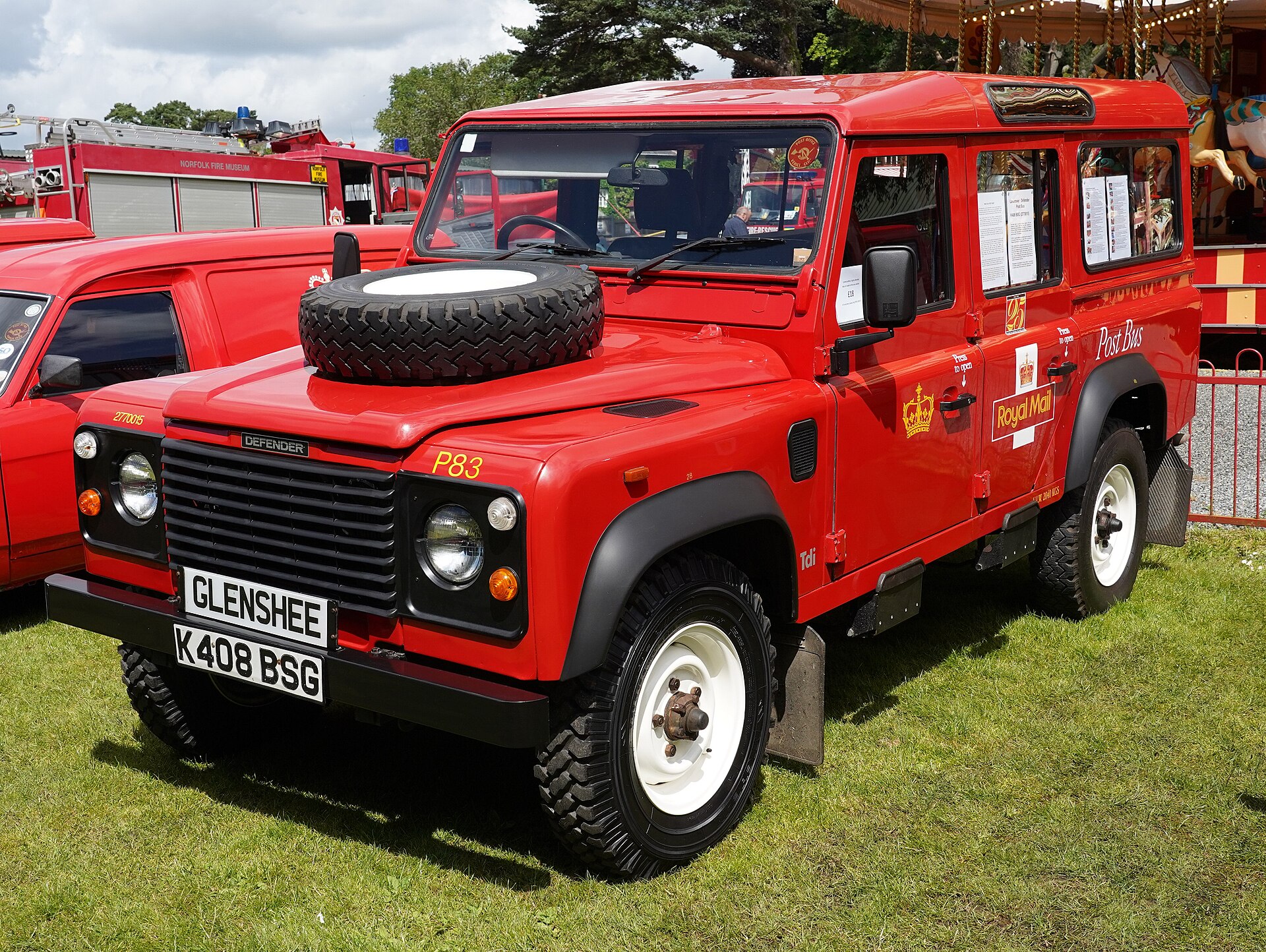 Later Royal Mail long-wheelbase Land Rover postbus K408 BSG in the red livery