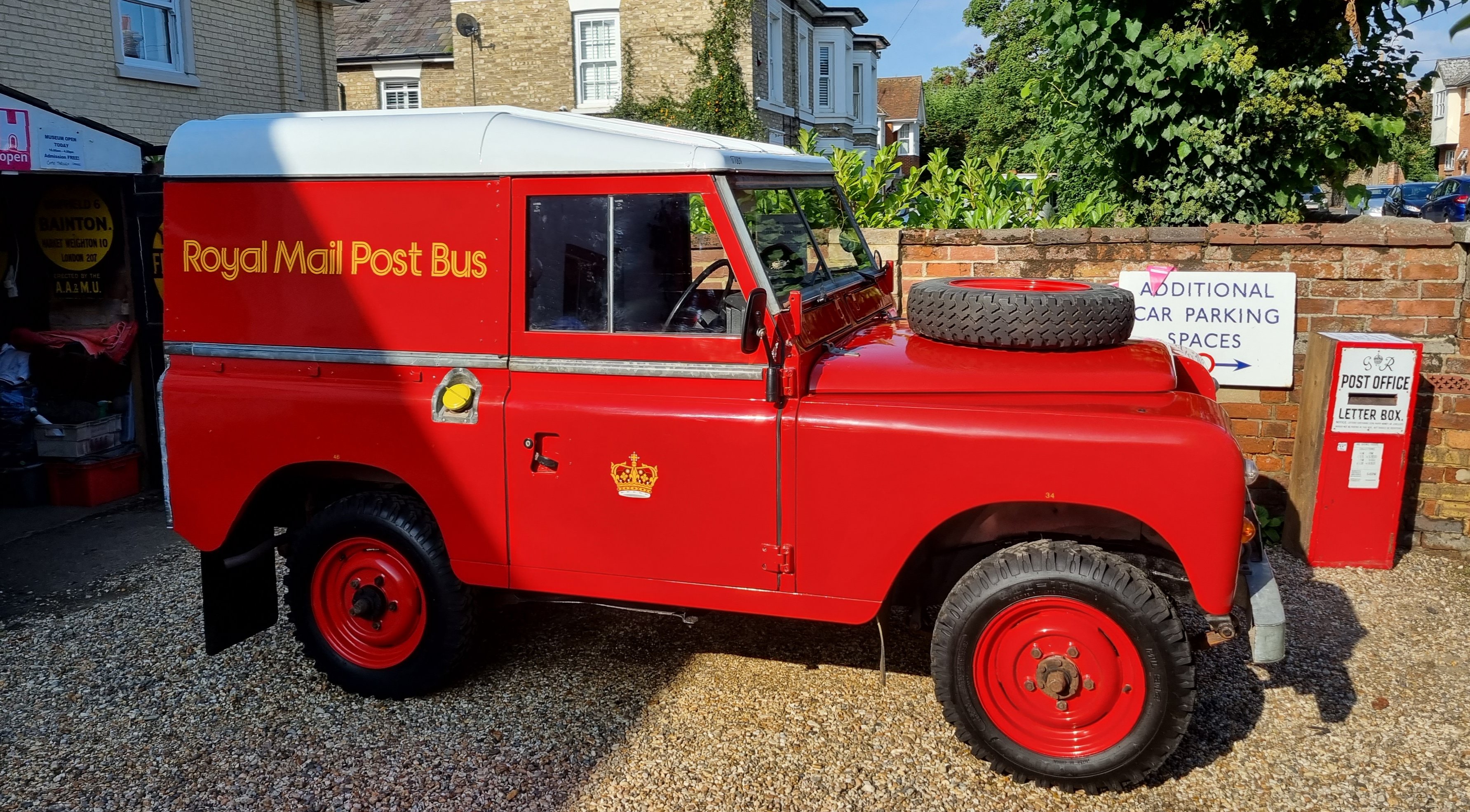 Preserved Post Office Land Rover Series III postbus B887JSS (built 1979) in Royal Mail red, Colne Valley Postal History Museum