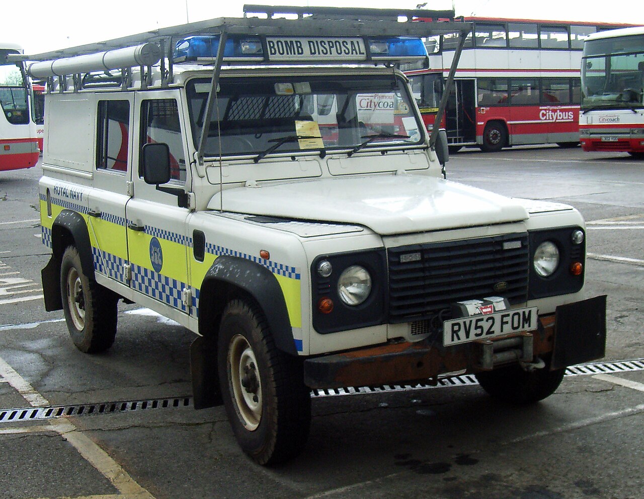 Royal Navy Bomb Disposal Land Rover Defender 110, RV52 FOM, at Plymouth Milehouse depot, April 2008