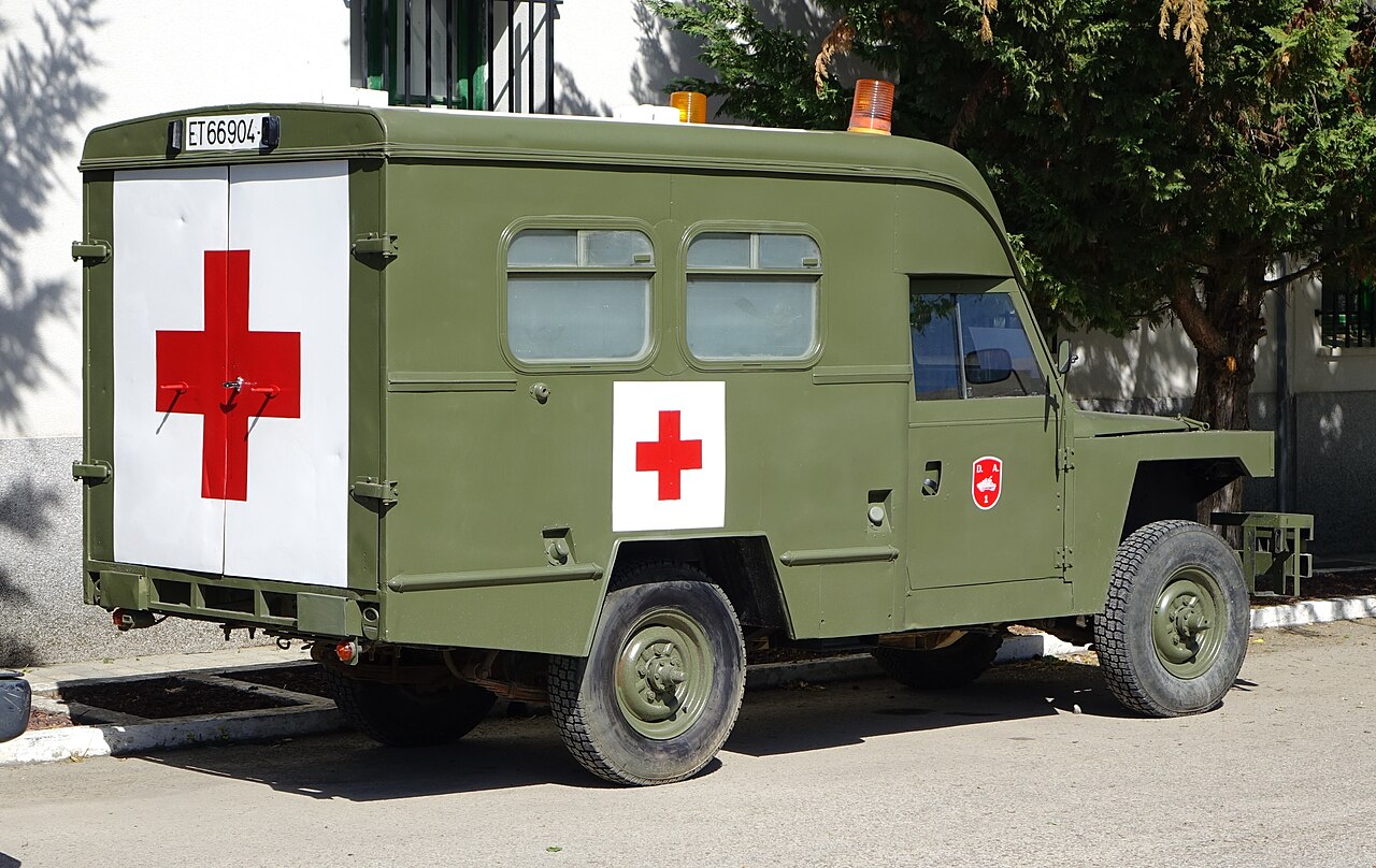 Spanish Army Santana 109 Militar with box ambulance body, showing the flat-fronted Militar cab and wings