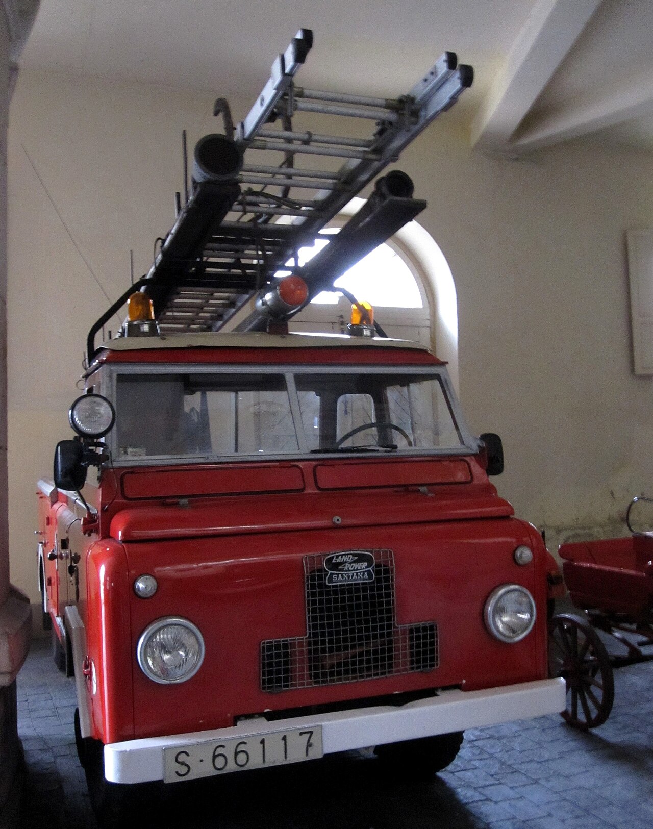 1970 Land-Rover Santana 1300 fire appliance, Santander registration, on museum display
