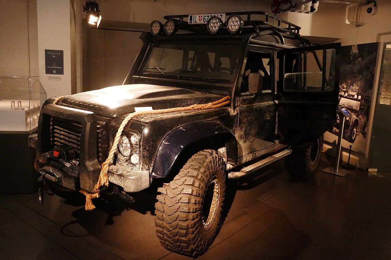 Spectre Defender SVX with 37-inch tyres and rope-wrapped bonnet at the Bond in Motion exhibition, London Film Museum