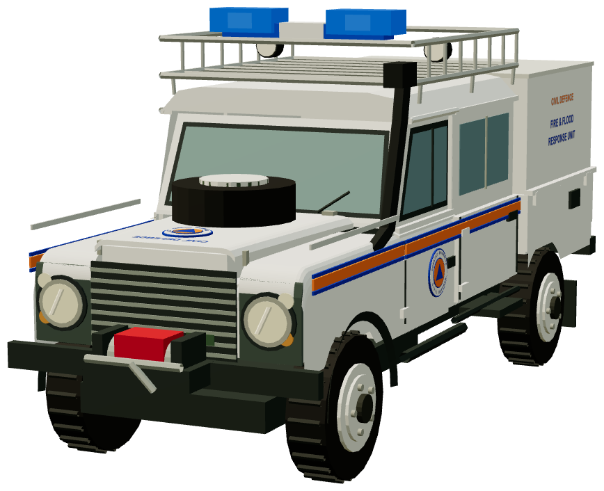 Louth Civil Defence Fire & Flood Response Defender — front three-quarter render
