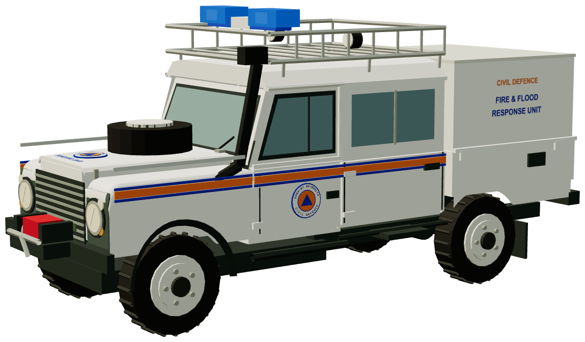 Louth Civil Defence Fire & Flood Response Defender — three-quarter render