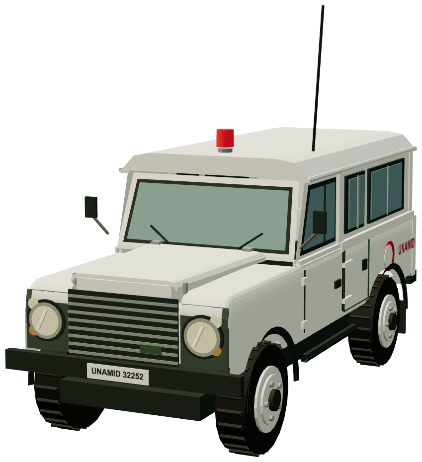 UNAMID Defender 110 Medical Vehicle (Nyala 2011) — front three-quarter render
